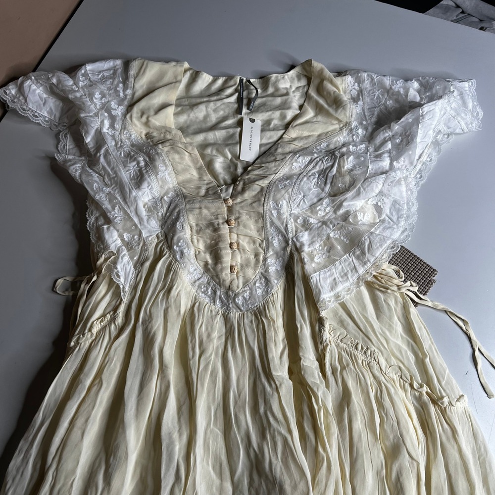 Anthropologie Ivory Lace Embroidered Pleated V-Neck Ruffle Dress Small NWT - Picture 6 of 10